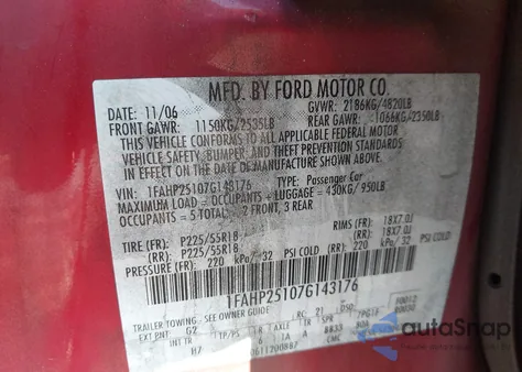 2007 Ford Five Hundred Limited из США, поврежденный, VIN 1FAHP25107G143176